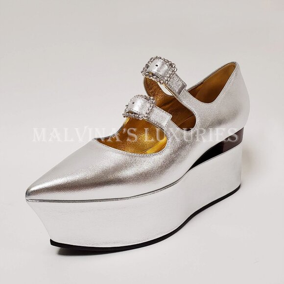 GUCCI SHOES SILVER LEATHER CUT OUT WEDGE PUMP CRYSTAL BUCKLES - Picture 3 of 13